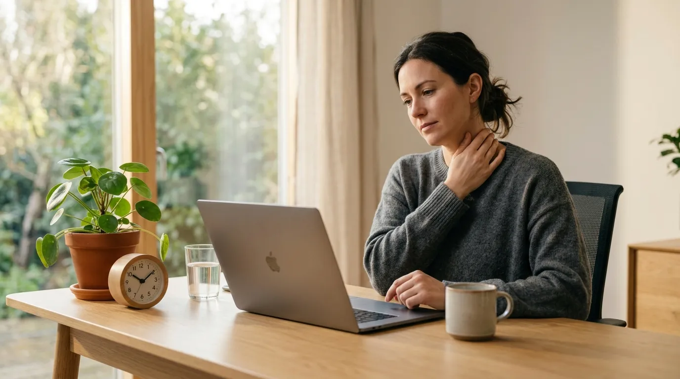 Person working at a laptop at a sunlit desk, one hand resting at the side of their neck.