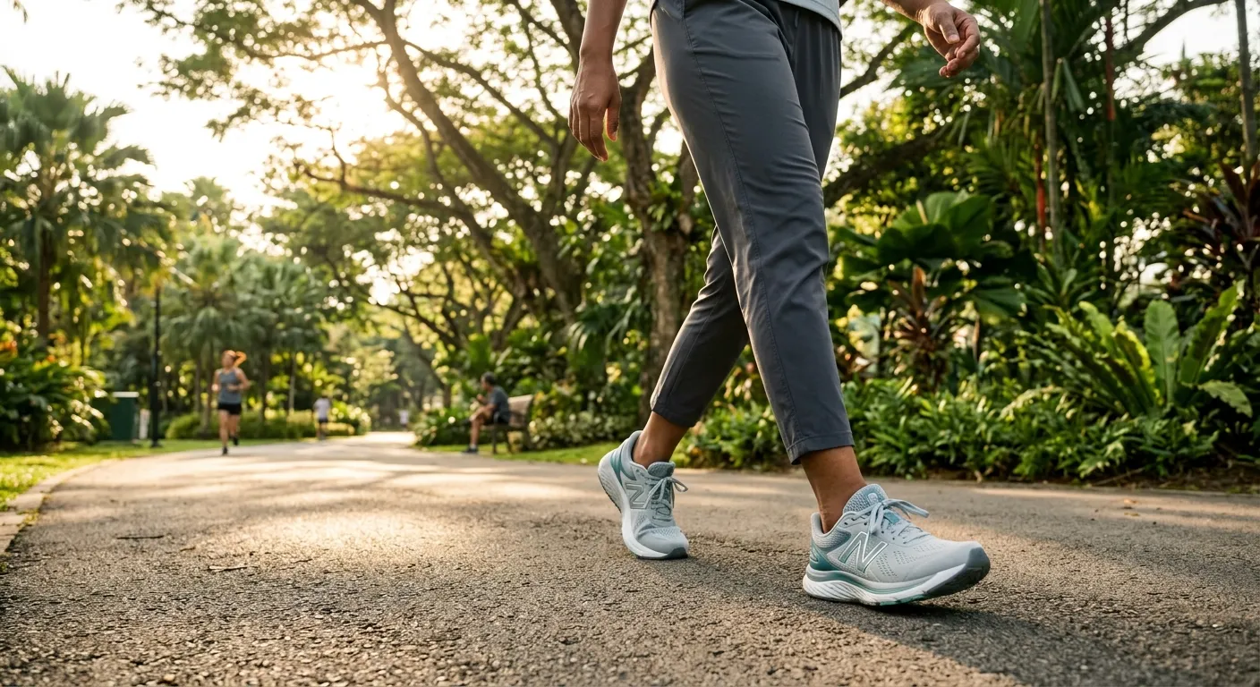 Close view of a person walking along a park path.
