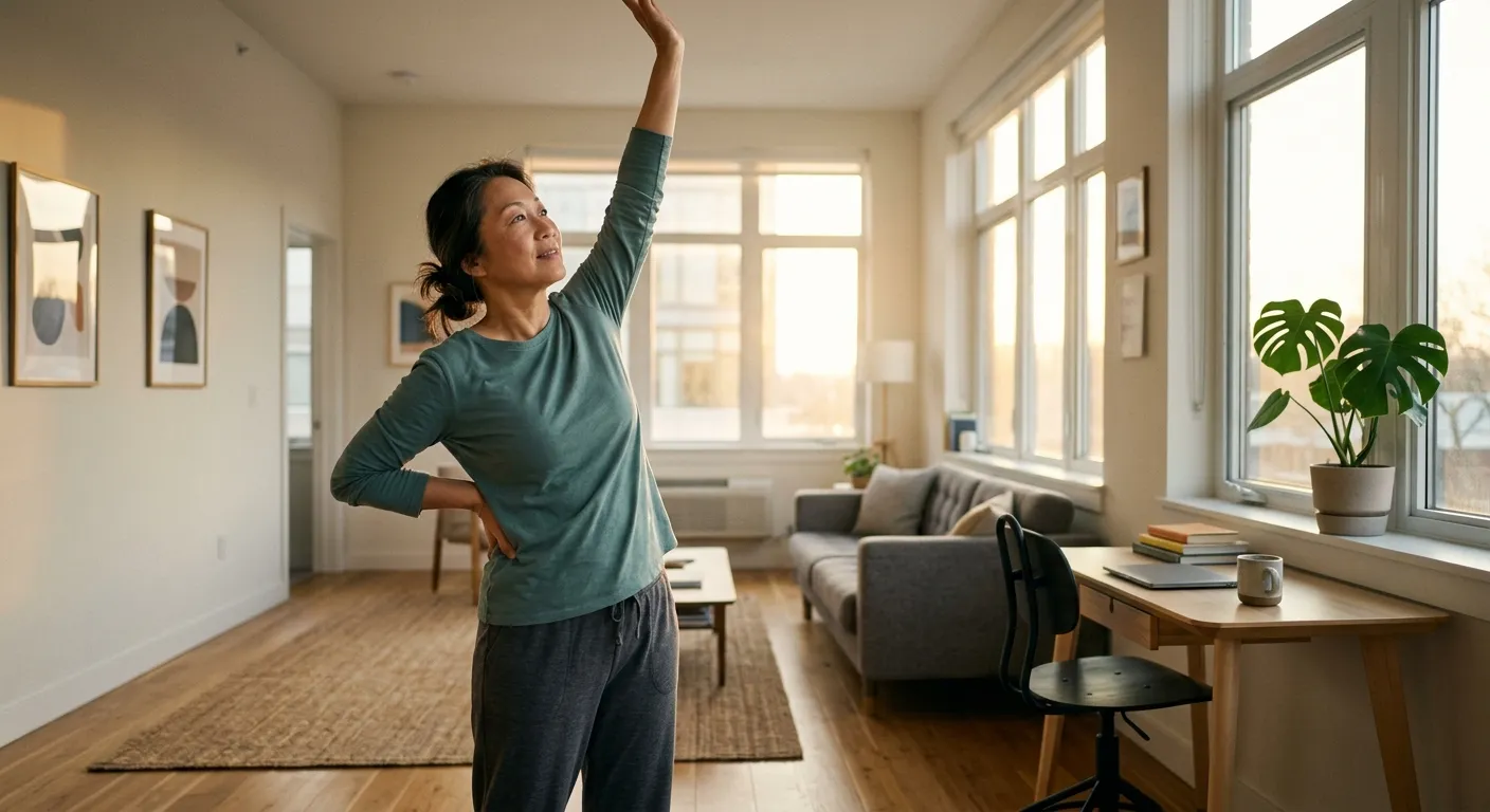 Person stretching in a sunlit living room, one hand at their lower back.