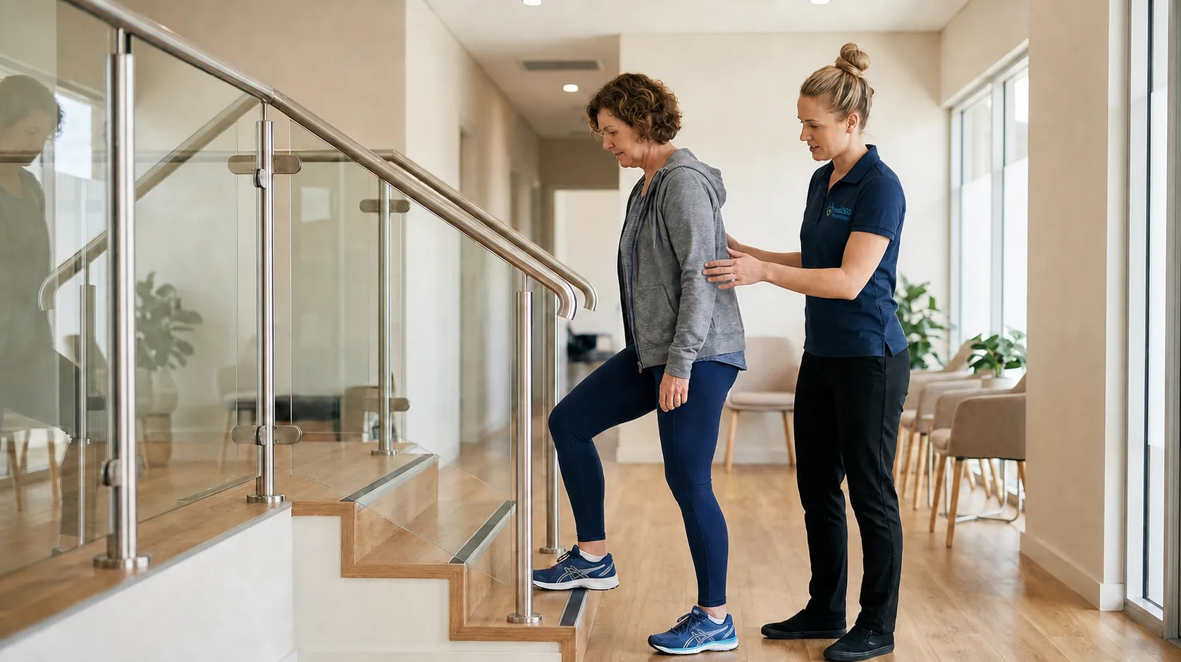 Physiotherapist guiding a patient through a stair exercise.