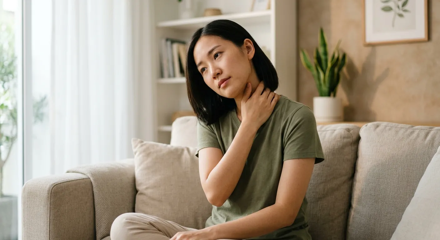 Person at home pausing with one hand at the side of their neck.