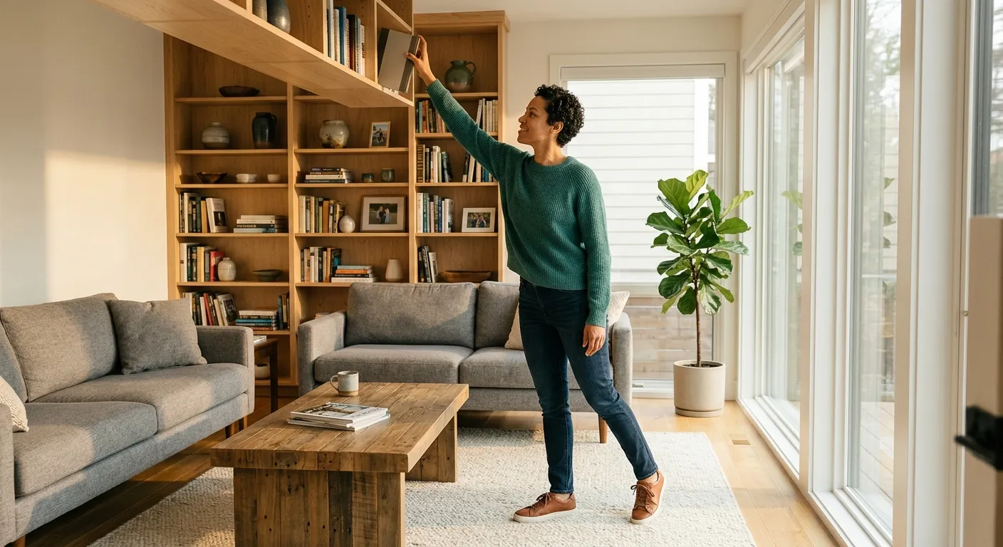 Person reaching overhead to place a book on a shelf.