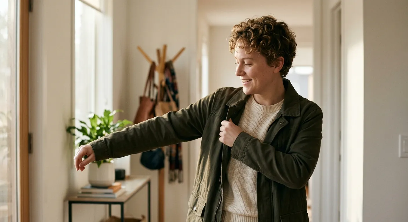 Person putting on a jacket using their shoulder and arm.