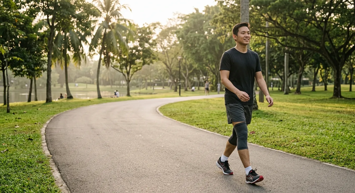 Person walking in a park while wearing a knee support.