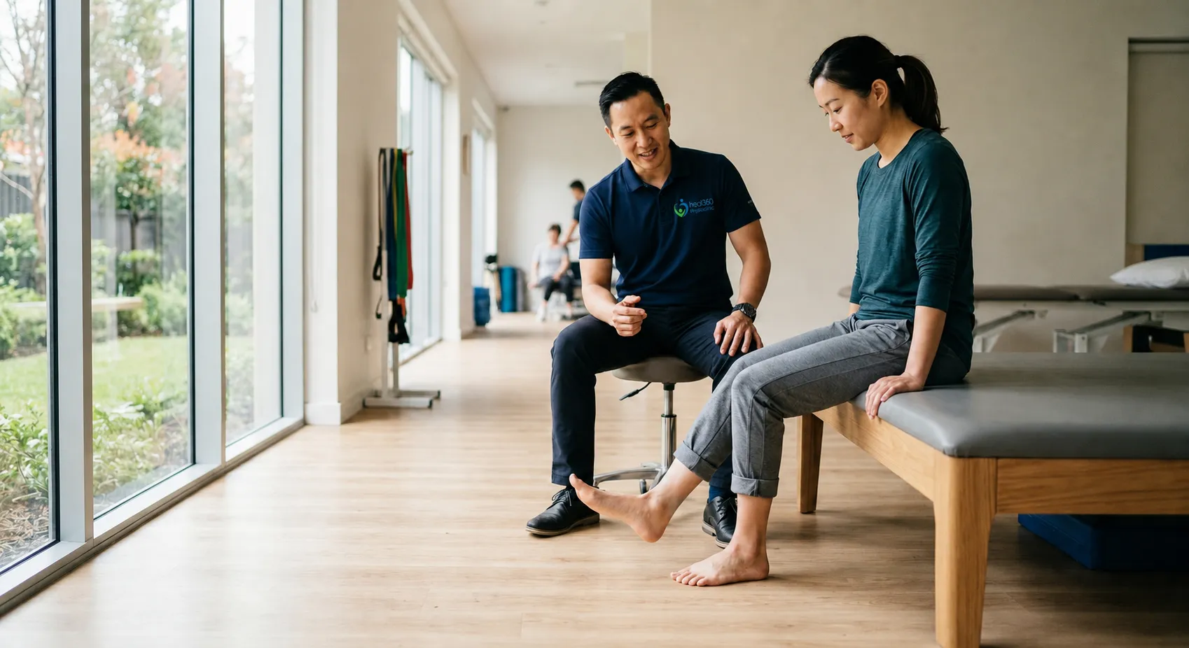Physiotherapist guiding a patient through a foot exercise.